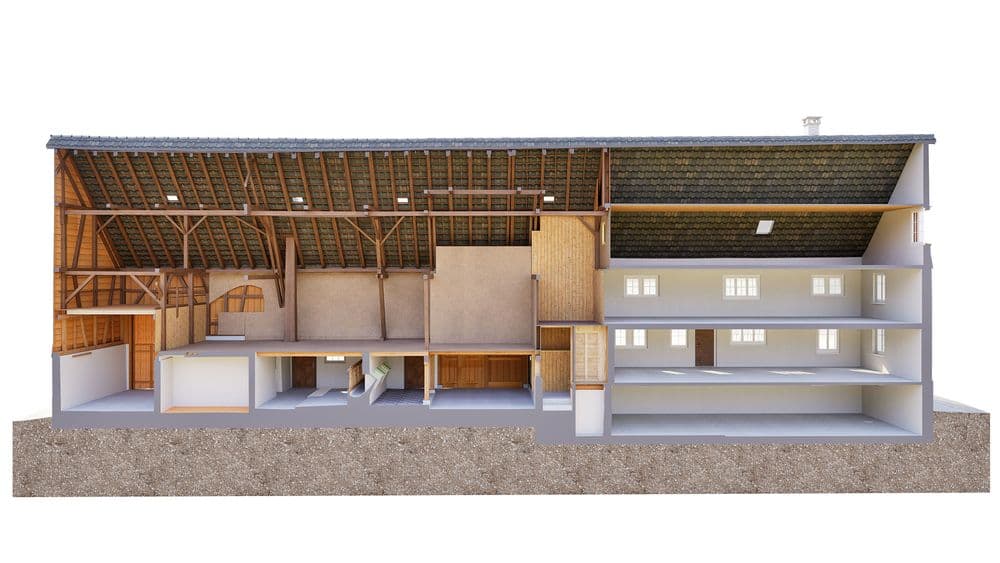 3D-Schnittansicht eines Gebäudes mit Holzdachstuhl, sichtbarer Fachwerkkonstruktion und mehreren Innenräumen auf zwei Ebenen, Architektur-Visualisierung auf weißem Hintergrund.