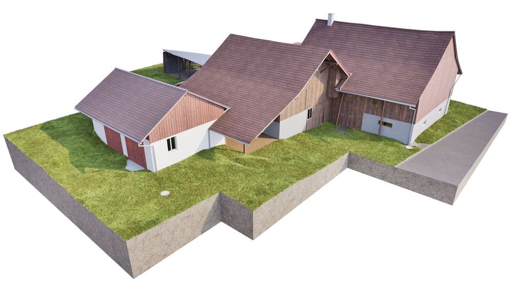 3D-Architekturvisualisierung eines modernen Hauses mit Satteldach und Anbau, Holz- und Putzfassade, grüner Rasenfläche und Grundstücksmodell in isometrischer Ansicht.