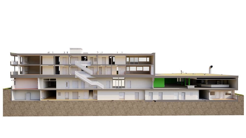 Architektonische Schnittansicht eines mehrstöckigen Gebäudes mit Treppenhaus, Räumen und Anbau, 3D-Rendering auf weißem Hintergrund, Darstellung der Innenaufteilung und Ebenen.