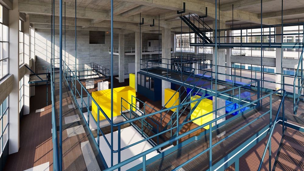 Moderne Industriehalle mit Stahlstegen, Treppen und Gerüsten; innen farbige Module in Gelb und Blau, viel Tageslicht durch große Fenster – Architektur-Visualisierung eines offenen Loft-Showrooms.