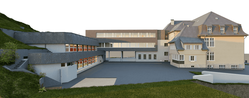 3D-Architekturvisualisierung eines Schul- oder Campusgebäudes mit Innenhof: moderner Flachbau mit Brücke verbindet Neubau mit historischem Hauptgebäude, umgeben von Grünhang und Wegen.