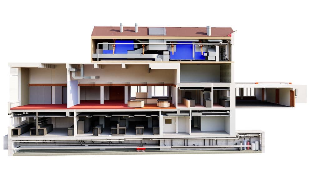 3D-Schnittmodell eines Gebäudes: Querschnitt mit Räumen, Technikzentrale mit blauen Anlagen, Innenausbau und Untergeschoss mit Installationen – Architektur-Visualisierung für Bauplanung und Haustechnik.