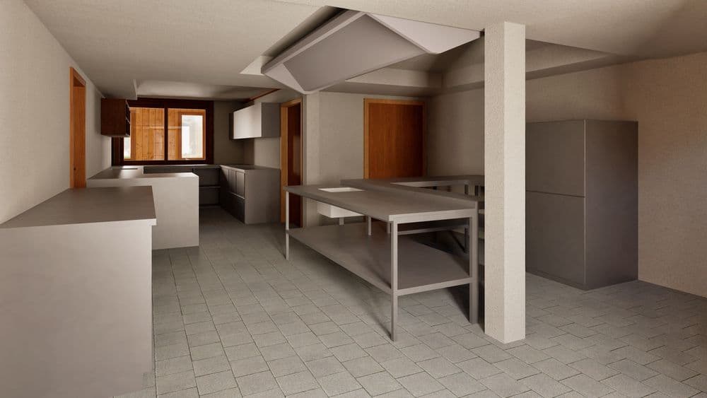 3D-Visualisierung einer Großküche: Edelstahltische, Arbeitsflächen, Dunstabzugshaube, Fliesenboden, Säule und Stahlschrank in leerem Küchenraum mit Fenster und Holz­türen.