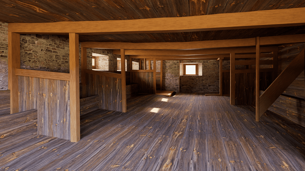 Rustikaler Dachboden mit Holzgebälk, Holzboden und Stallabtrennungen, Steinwände und kleines Fenster mit einfallendem Licht – leerer historischer Scheunen- oder Stallraum innen.