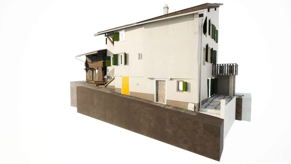 Zweistöckiges weißes Gebäude mit grünem Fensterladen, Holztreppe und Terrasse. Moderne Architektur, seitliche Ansicht.