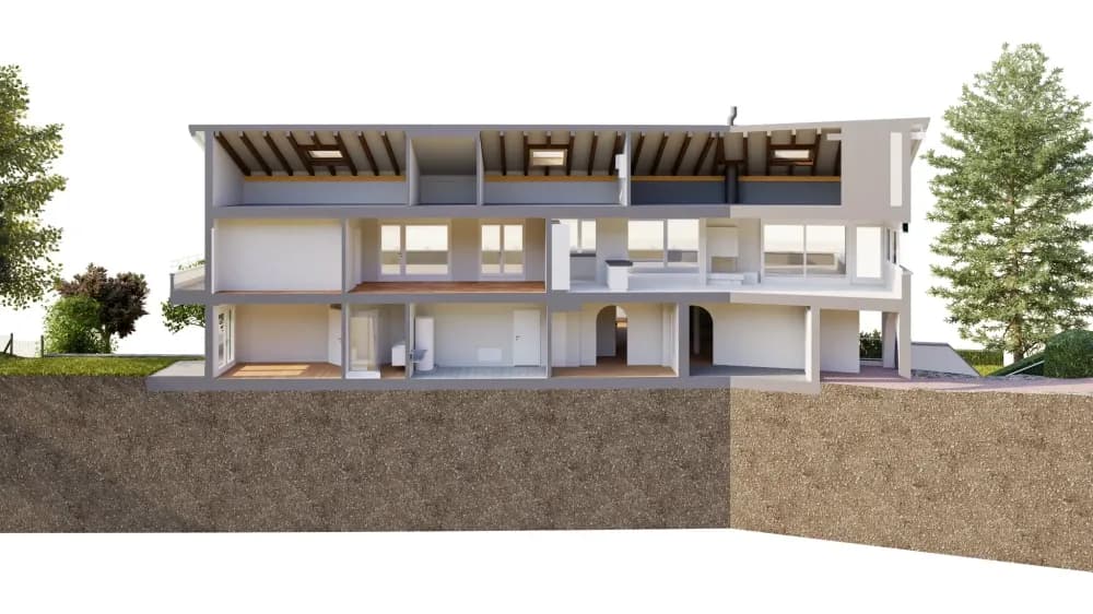 Architekturschnitt eines modernen mehrstöckigen Gebäudes im Hang, 3D-Visualisierung mit Innenräumen, Fenstern, Decken und Stützwänden; umgeben von Bäumen und Erdschichten.