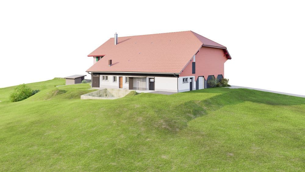 Einfamilienhaus auf grüner Wiese, mit rotem Dach und moderner Architektur.