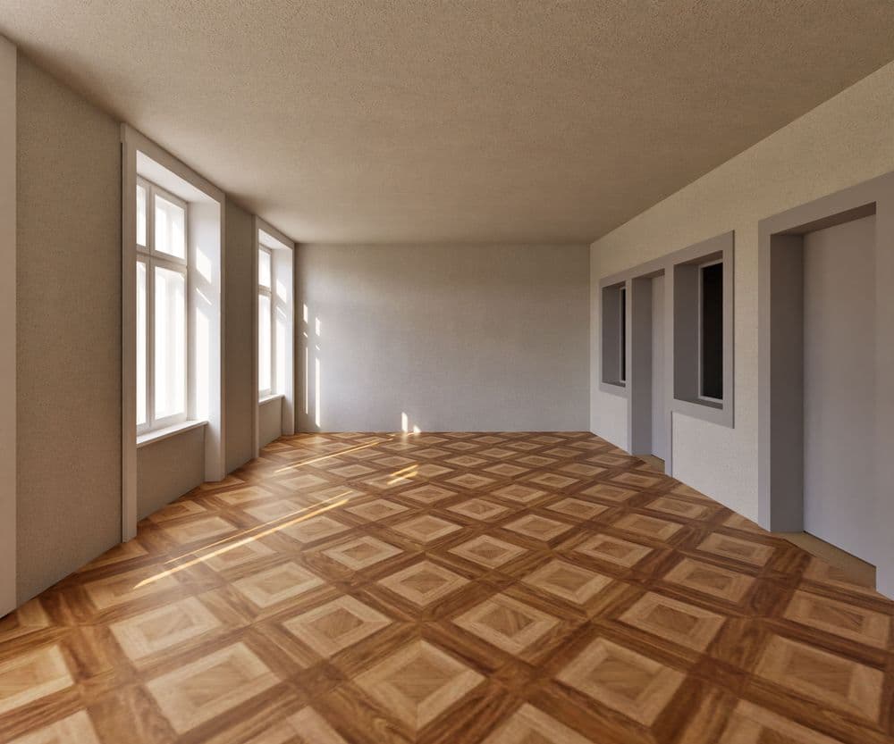 Leerer, heller Raum mit großen Fenstern, Sonnenlicht und Parkettboden im geometrischen Muster; weiße Wände, mehrere Türöffnungen und Innenfenster – moderne, minimalistische Innenraumansicht.