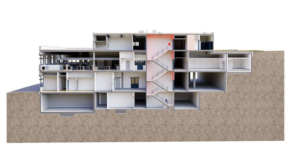 3D-Schnittansicht eines mehrstöckigen Gebäudes mit Treppenhaus, Räumen und Decken im Querschnitt – Architekturvisualisierung und Bauplanung mit rot markiertem Bereich.
