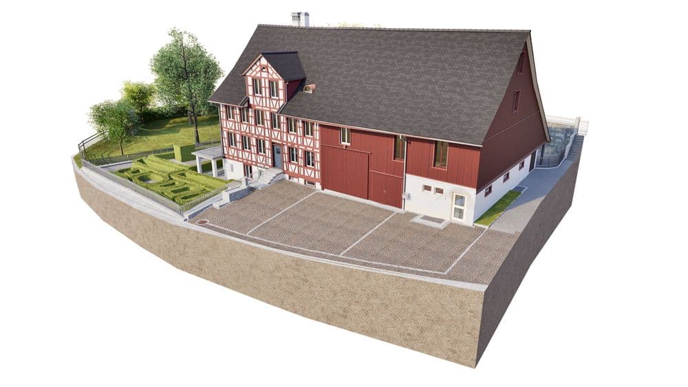 3D-Architekturvisualisierung eines roten Bauernhauses mit Fachwerk, großem Satteldach, Hofeinfahrt und Gartenanlage mit Hecken auf einem Grundstücksschnitt, perspektivische Ansicht.