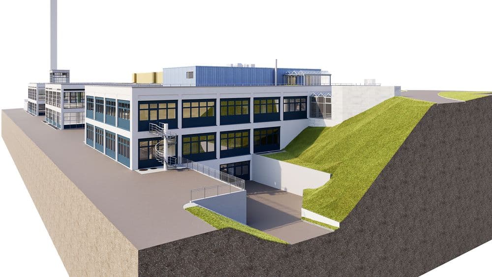 3D-Architekturvisualisierung eines modernen Industrie- und Bürogebäudes mit großen Fensterfronten, Außentreppen, Rampe und begrüntem Hang auf einem aufgeschnittenen Geländeprofil.