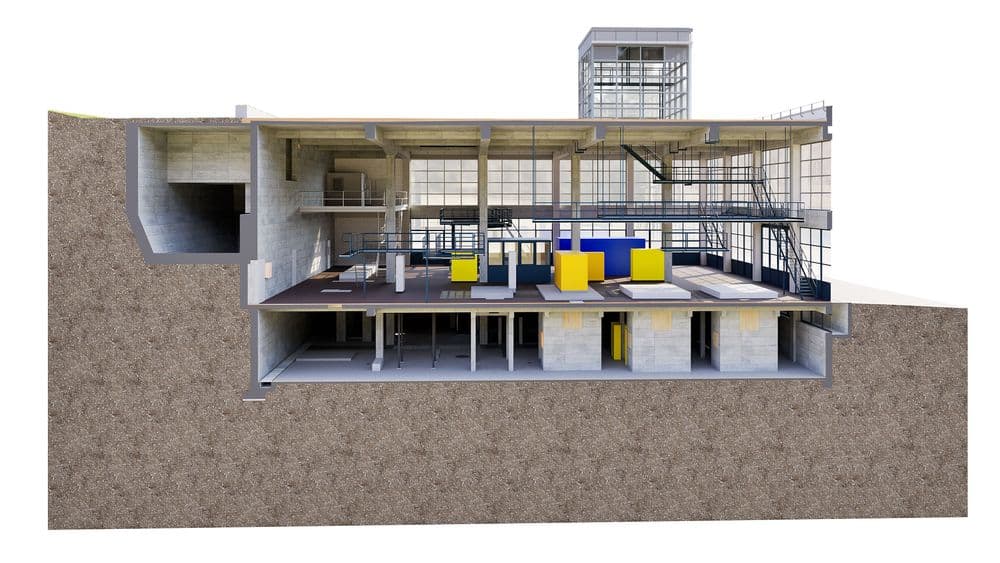 3D-Schnittansicht eines modernen Gebäudes im Erdreich: Beton- und Stahlkonstruktion mit mehreren Ebenen, Treppen und Technikräumen, gelb-blaue Module, architektonisches Render im Querschnitt.