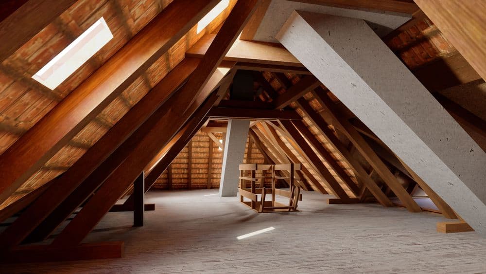 Unausgebauter Dachboden mit Holzbalken, Dachfenstern und Betonstützen, leere Fläche mit Holzgestell, Tageslicht fällt durch die Fenster.