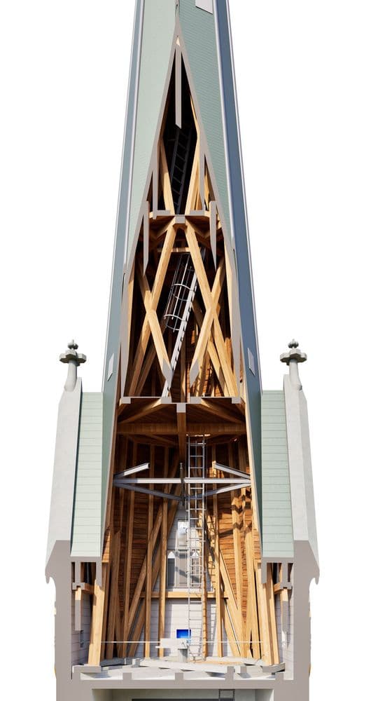 Schnittdarstellung eines hohen Turmgebäudes: außen moderne Hülle, innen sichtbar eine komplexe Holztragkonstruktion mit Streben, Ebenen und zentralem Schacht – Architektur- und Ingenieur-Rendering.