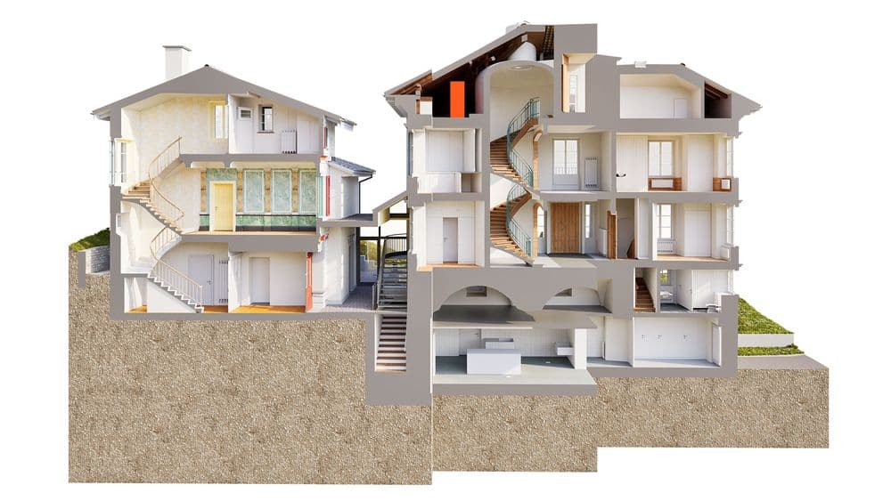 Architektur-3D-Visualisierung: Schnitt durch ein mehrstöckiges Wohnhaus mit Treppenhaus, Räumen und Keller im Querschnitt, Innenraum- und Gebäudestrukturansicht für Bauplanung und Immobilienpräsentation.