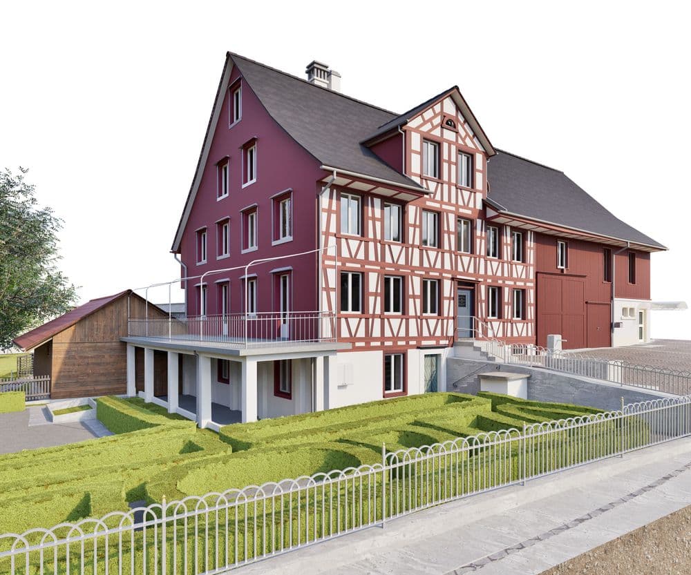 3D-Visualisierung eines sanierten Fachwerkhauses mit roter Fassade, modernem Anbau, Balkonen und Garten mit Hecken an der Straße, Architektur-Rendering eines Wohnhauses.