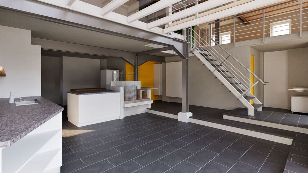 Moderne Loft-Innenansicht mit offener Galerie, Metalltreppe, weißen Küchen- und Arbeitsflächen sowie dunklem Fliesenboden; helles, industrielles Interieur mit gelben Akzenten.