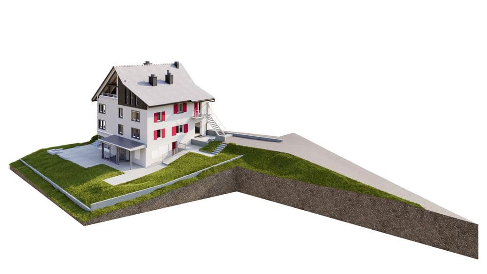 3D-Visualisierung eines Mehrfamilienhauses am Hang mit Terrasse, Wegen und Grünflächen, Schnitt durch Geländeprofil auf weißem Hintergrund.