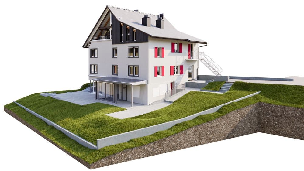 3D-Visualisierung eines modernen Mehrfamilienhauses am Hang mit Balkon, Außenstufen und Grünflächen, freigestellt auf weißem Hintergrund.