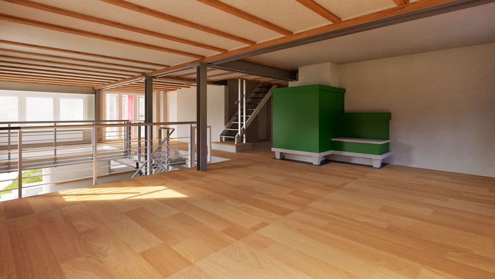 Helles Loft mit Holzfußboden und Holzbalkendecke, Metallgeländer und Treppe, große Fensterfront; im Hintergrund grüne Quader als Einbauten – modernes, offenes Innenraum-Rendering.