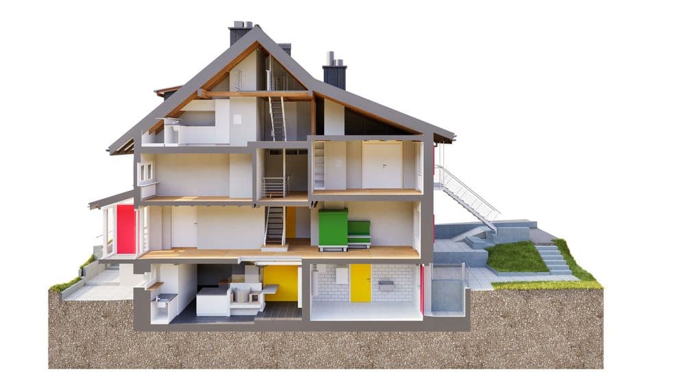 3D-Schnittmodell eines Einfamilienhauses mit mehreren Etagen, Dachstuhl, Treppen und farblich markierten Räumen; Querschnitt zeigt Keller, Wohnbereiche und Außenbereich mit Terrasse.