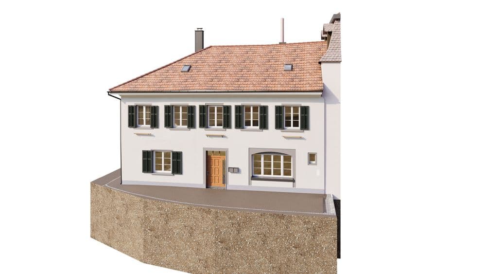 3D-Visualisierung eines weißen zweigeschossigen Wohnhauses mit roten Ziegeldach, grünen Fensterläden und Holztür auf einem Hanggrundstück, isoliert auf weißem Hintergrund.