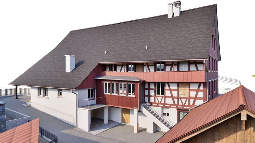 3D-Visualisierung eines sanierten Fachwerkhauses mit großem Satteldach, roten Holzverkleidungen, Außentreppe und Balkonen, modernem Anbau und Hofbereich, Ansicht in Perspektive.