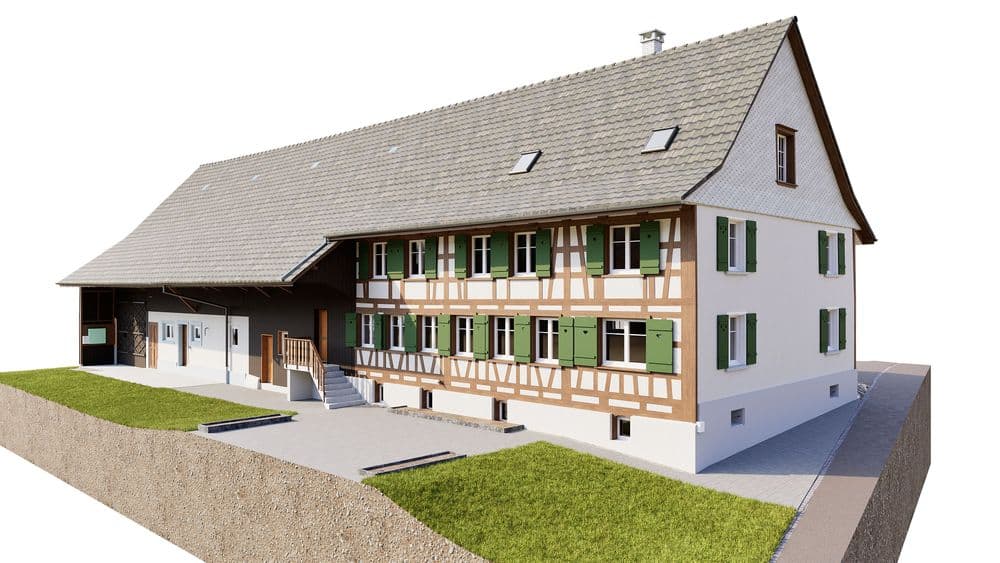 3D-Visualisierung eines traditionellen Fachwerkhauses mit weißer Fassade, grünem Fensterläden, Satteldach und Anbau, Ansicht von schräg vorne, auf Grundstück mit Rasen und Zufahrt.