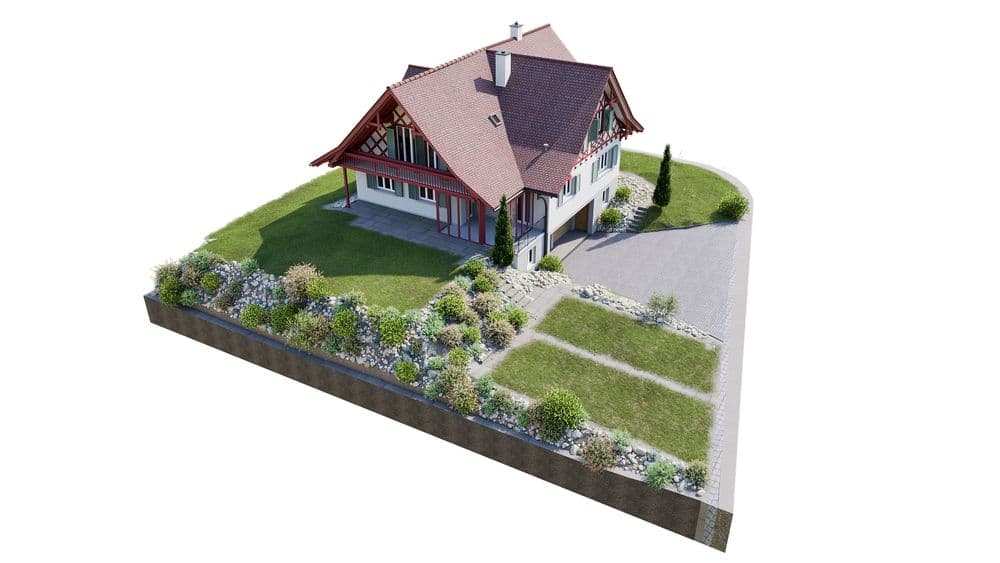 Ein modernes Einfamilienhaus mit rotem Dach, umgeben von gepflegtem Garten und Steinweg. Ideal für Familienleben und Erholung in natürlicher Umgebung.