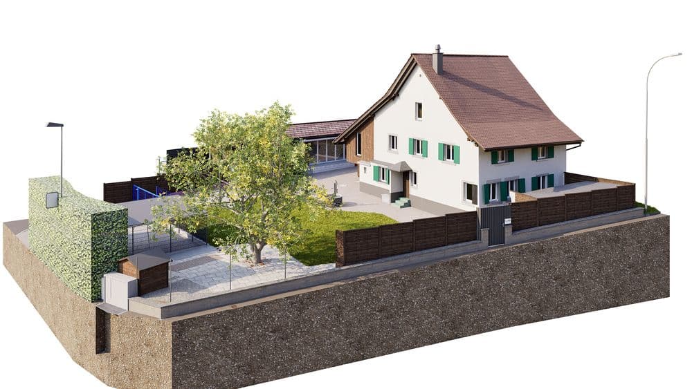 3D-Visualisierung eines Einfamilienhauses mit Satteldach, grünem Garten, Baum, Terrasse und Zaun auf Grundstücksschnitt – Architektur-Rendering eines Wohnhauses mit Außenanlage und Einfahrt.