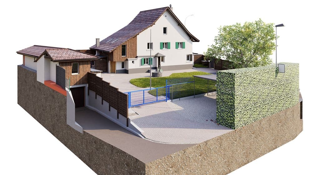 3D-Visualisierung eines Einfamilienhauses mit Garten, Zufahrt zur Garage im Hang, blauen Toren, Hecke und Baum auf einem Grundstücksschnitt.