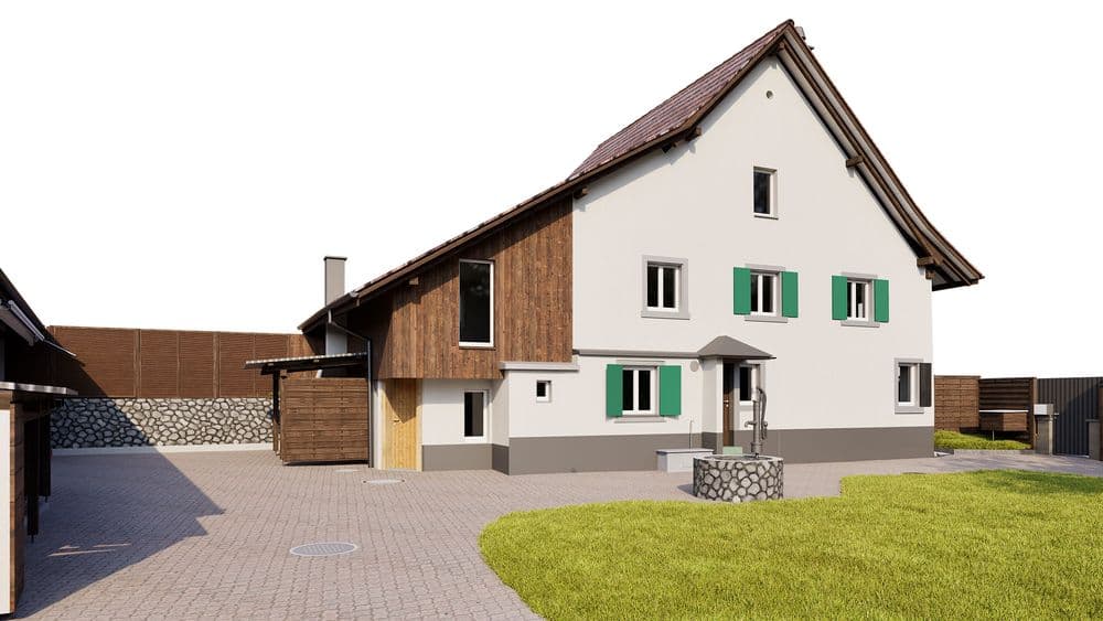 3D-Visualisierung eines modernen Einfamilienhauses mit weißer Fassade, Holzverkleidung und grünen Fensterläden, gepflastertem Hof, Garage/Schuppen und Rasenfläche vor hellem Himmel.