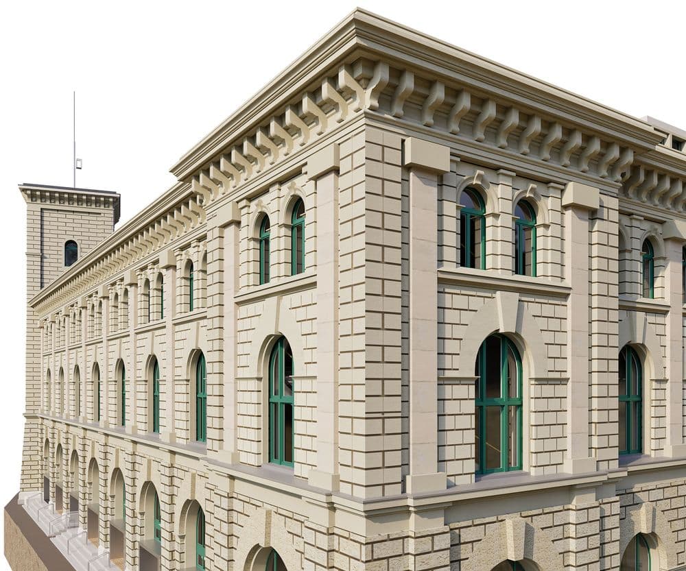 3D-Visualisierung eines historischen, mehrstöckigen Sandsteingebäudes mit Rundbogenfenstern und grünen Fensterrahmen, Eckansicht mit Gesimsen und dekorativer Fassade.