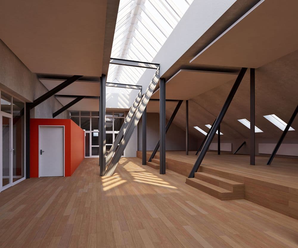 Modernes Loft-Interieur mit großen Dachfenstern, Holzfußboden, schwarzen Stahlträgern, Treppe, gläserner Trennwand und rotem Raumkubus; Tageslicht fällt durch Oberlichter in die offene Halle.