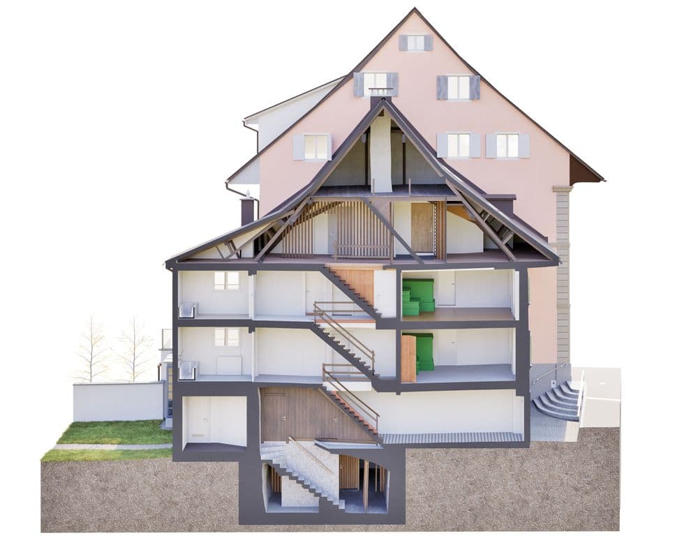 3D-Schnittansicht eines Mehrfamilienhauses mit Dachstuhl, Treppenhaus, mehreren Etagen und Keller; Architektur-Querschnitt zeigt Raumaufteilung und Gebäudestruktur.