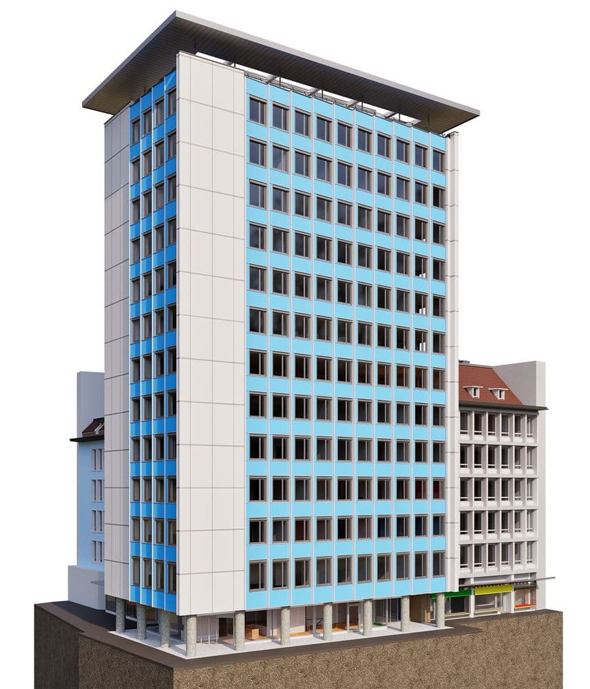 Modernes Hochhaus-Bürogebäude mit blauer Glasfassade und vielen Fenstern, freigestellt vor weißem Hintergrund, 3D-Rendering einer Stadtbebauung mit Nachbarhäusern.