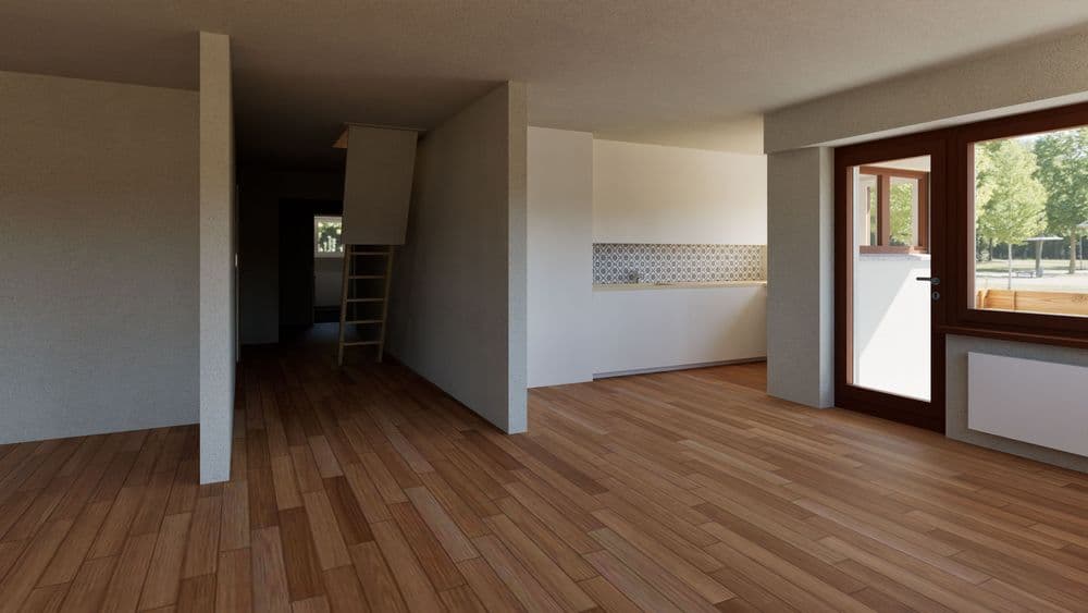 Moderner, leerer Wohnraum mit Holzfußboden, offener Raumaufteilung, Küchenzeile und großer Terrassentür zum Garten; 3D-Visualisierung eines hellen Innenraums mit Fensterfront.
