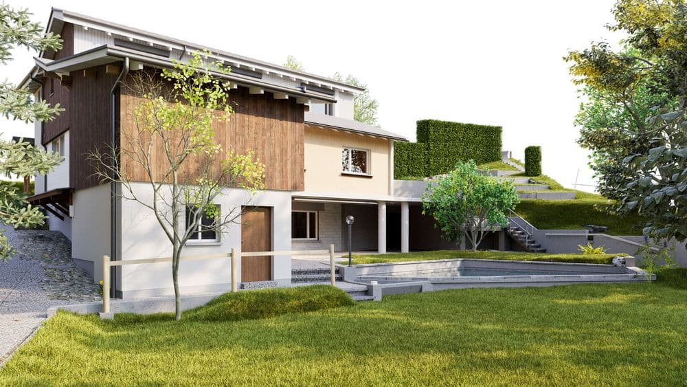 Gebäudevermessung mit 3D-Laserscanning im Aussenbereich zur präzisen Erfassung von Terrain, Umgebung und Bestandsgeometrie