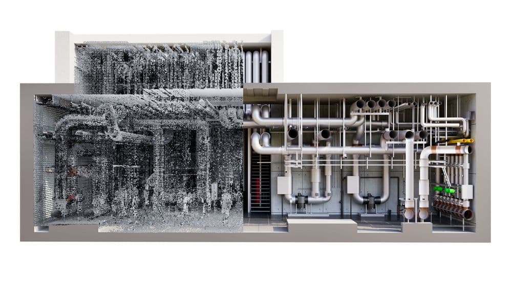 3D-Scan und BIM-Visualisierung eines Technikraums mit Rohrleitungen, Ventilen und Heizungs-/HLK-Anlage; links Punktwolke, rechts detailliertes 3D-Modell für Bestandsaufnahme und Planung.