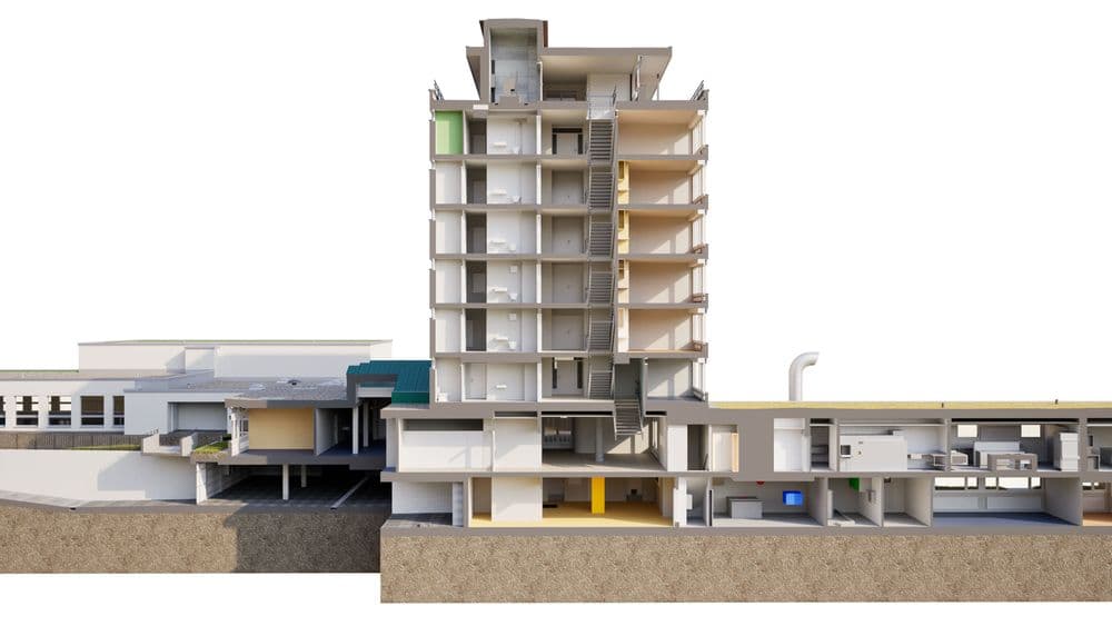 3D-Schnittansicht eines mehrstöckigen Gebäudekomplexes mit Etagen, Treppenhaus und technischen Räumen im Untergeschoss – Architektur-Visualisierung einer Industrie- oder Laboranlage auf weißem Hintergrund.