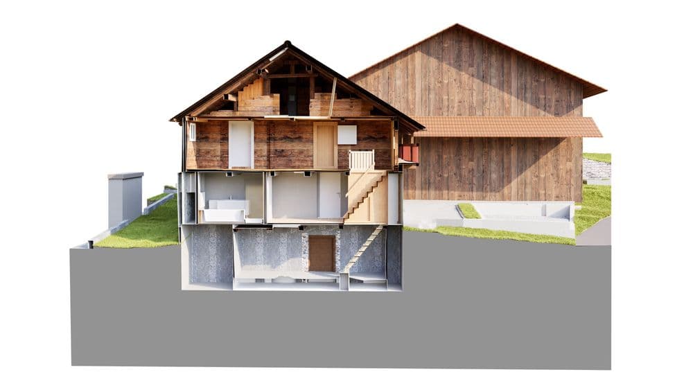 3D-Schnittansicht eines Holzhauses mit mehreren Etagen, Treppe und Kellergeschoss auf Grundstück mit Nebengebäude – architektonische Querschnitt-Visualisierung für Bauplanung und Hausdesign