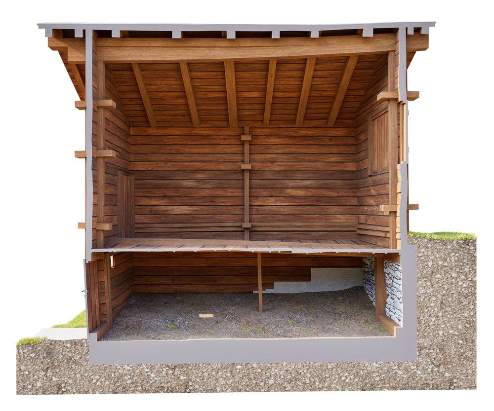 Schnittansicht eines Holzhauses mit Holzbalken, Innenraum und Untergeschoss im Erdreich; 3D-Architektur-Rendering zeigt Wandaufbau, Dachkonstruktion und Fundament.