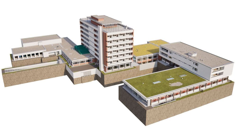 3D-Rendering eines modernen Gebäudekomplexes mit mehrstöckigem Hauptgebäude und mehreren Flachbauten, Dachbegrünung und Innenhof, isoliert auf weißem Hintergrund.