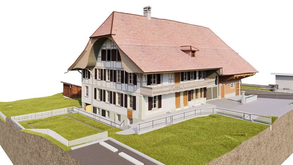 3D-Architekturvisualisierung eines großen Schweizer Landhauses mit rotem Ziegeldach, Balkonen und Holzfenstern, umgeben von Garten, Zäunen und Zufahrt auf weißem Hintergrund.