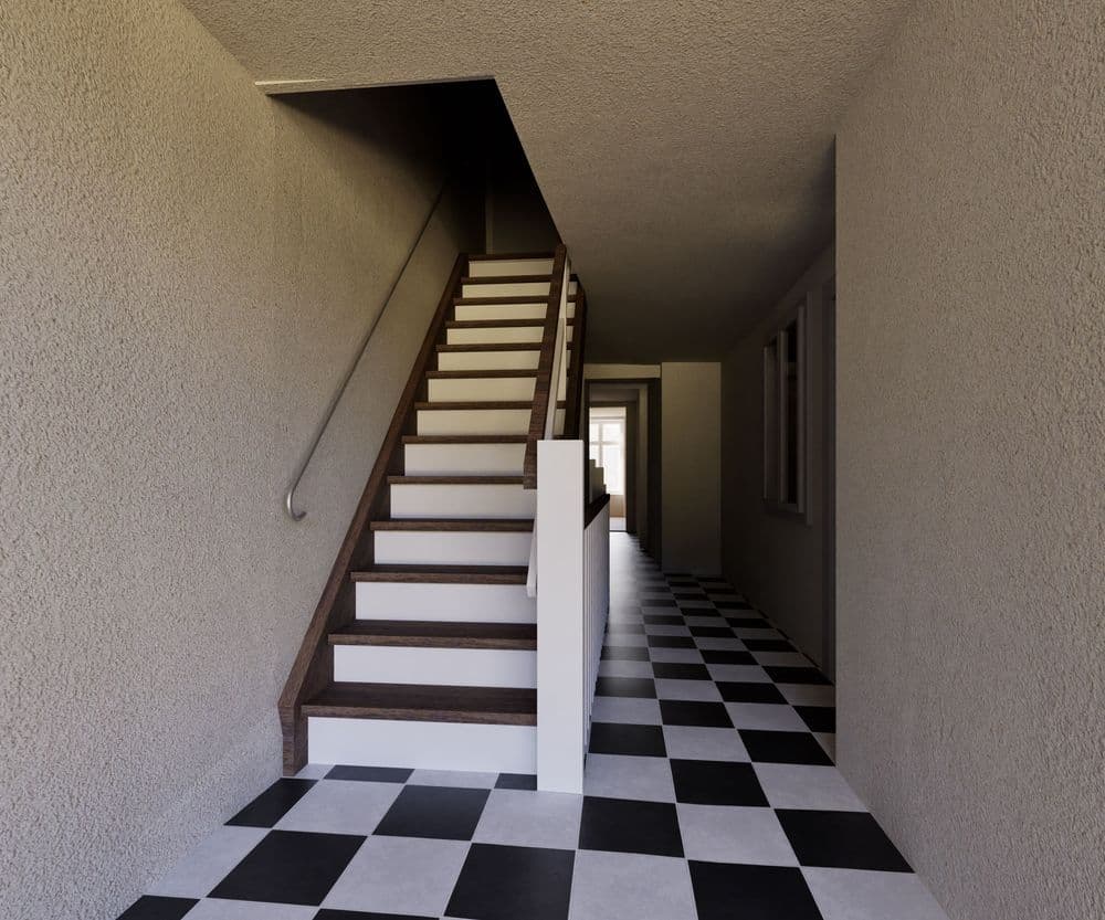 Innenansicht eines Hausflurs mit Treppe ins Obergeschoss, schwarz-weiß kariertem Boden, Handlauf und Türen im Hintergrund, minimalistisch und hell ausgeleuchtet.