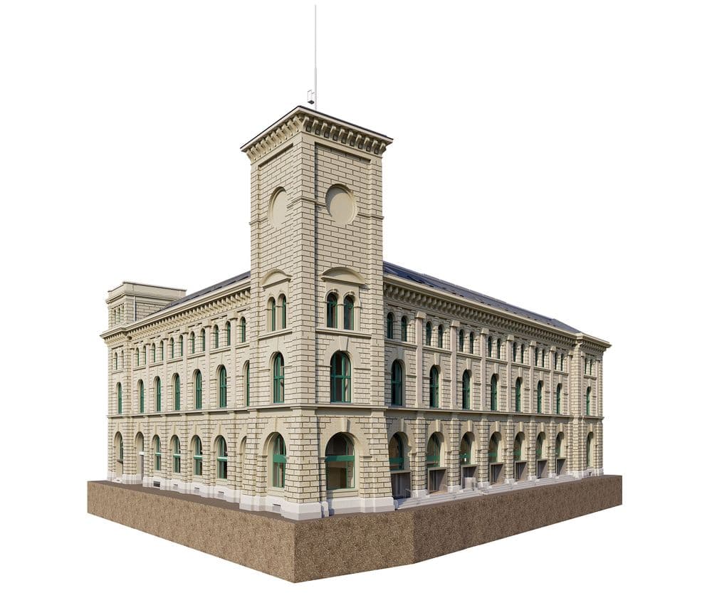 3D-Rendering eines historischen, mehrstöckigen Stein-Gebäudes mit Eckturm und Rundbogenfenstern, isoliert vor weißem Hintergrund.