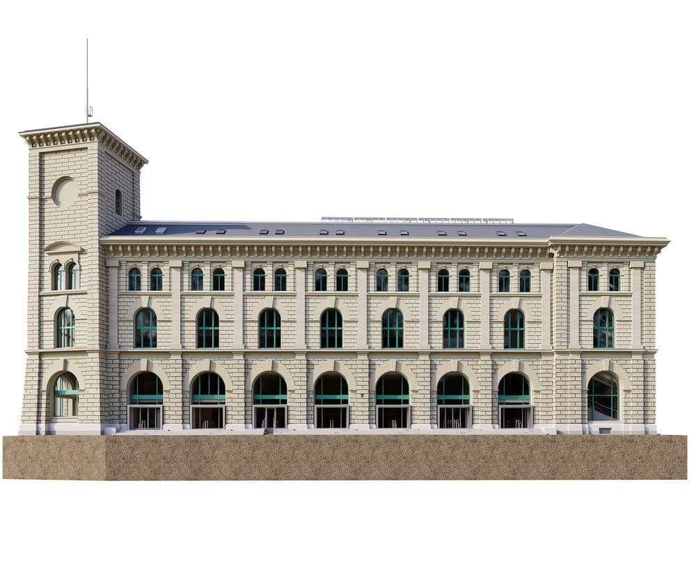 Seitenansicht eines historischen Industriegebäudes aus Stein mit Turm links, vielen Rundbogenfenstern und Glasfronten, isoliert auf weißem Hintergrund.