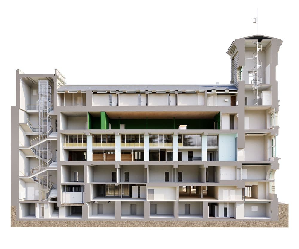 Architektonischer Querschnitt eines mehrstöckigen Gebäudes mit Innenräumen, Treppenhaus, Aufzugsschacht und Dachgeschoss; 3D-Render einer Gebäudestruktur mit sichtbaren Etagen und Raumaufteilung.