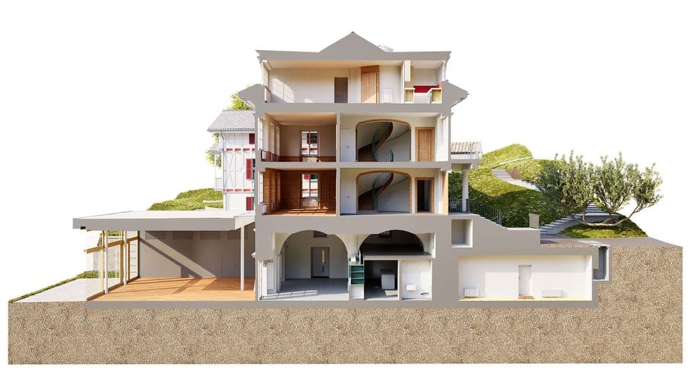 Architektonischer Gebäudeschnitt eines modernen Hauses am Hang mit mehreren Etagen, Innenräumen und Treppen, Garage im Untergeschoss sowie Garten- und Terrassenbereichen, als 3D-Visualisierung auf weißem Hintergrund.