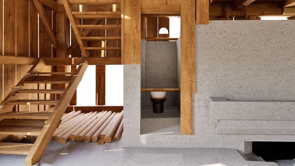 Innenansicht eines Holzhauses im Rohbau mit Treppe, Holzbalken und Betonwänden; kleines Badezimmer mit Toilette sichtbar, moderner minimalistischer Architektur-Render.